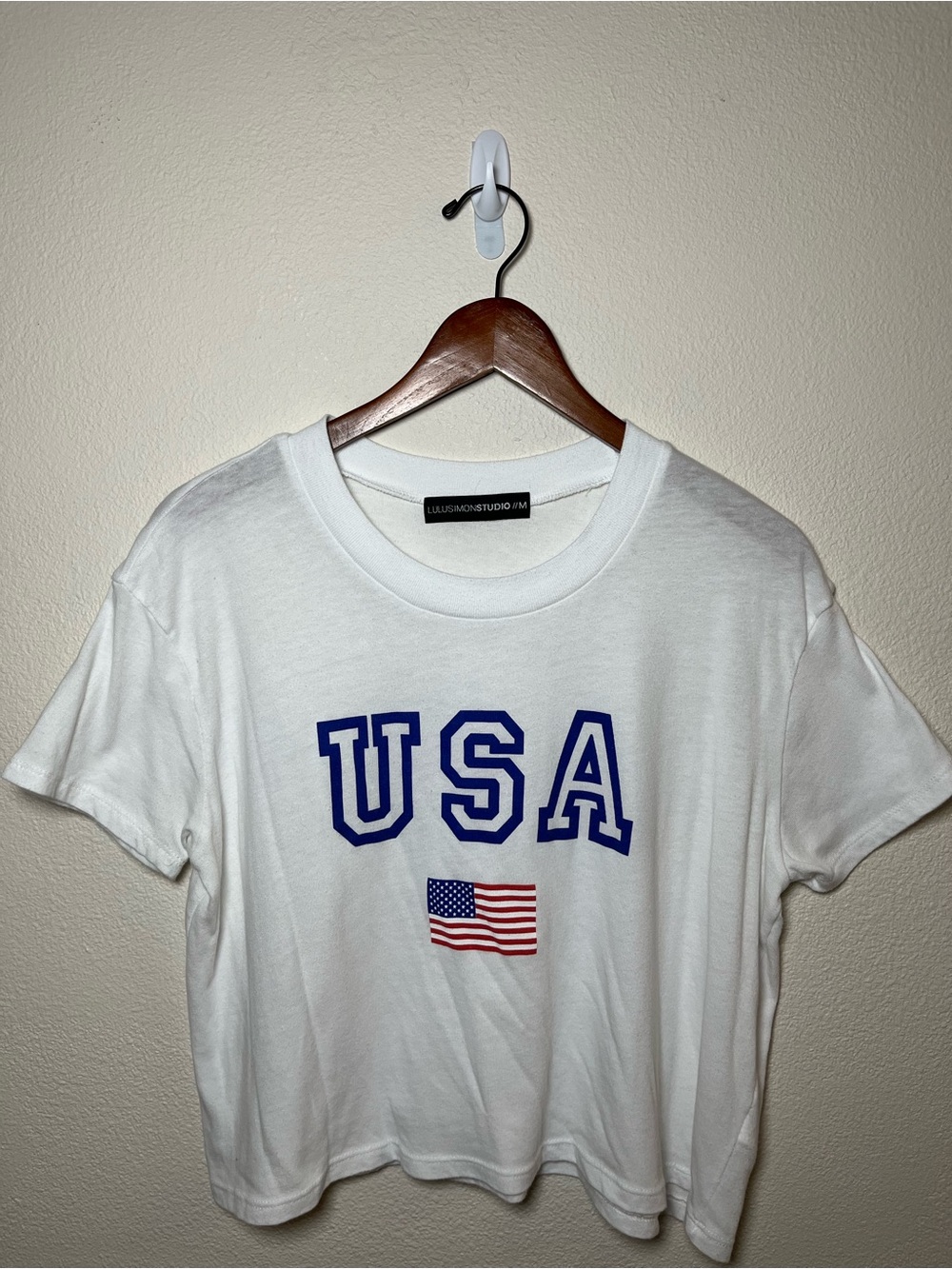 Vici White Crop Top with Blue USA Graphic